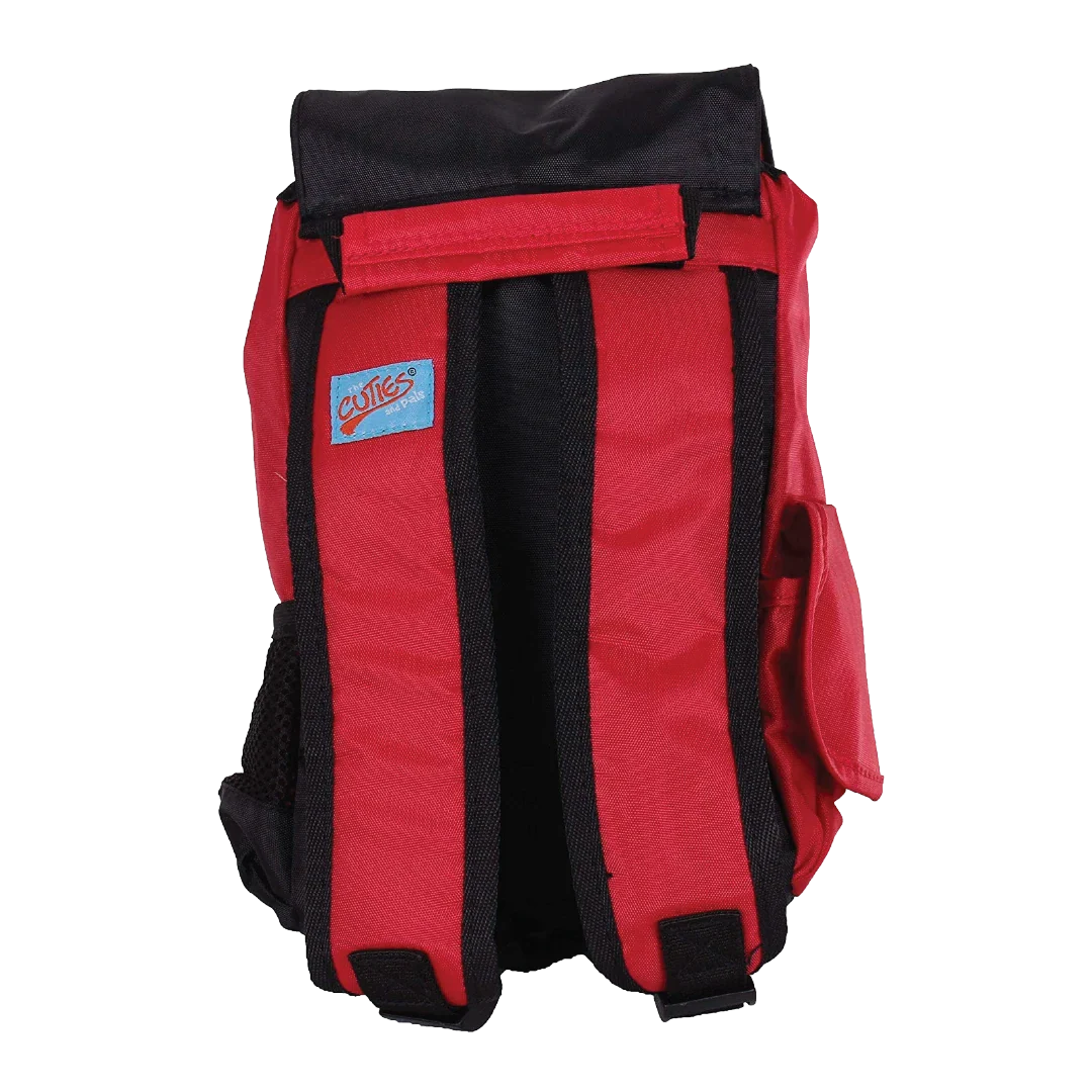 Red and black backpack with a visible brand logo on a white background