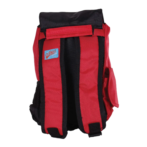 Red and black backpack with a visible brand logo on a white background