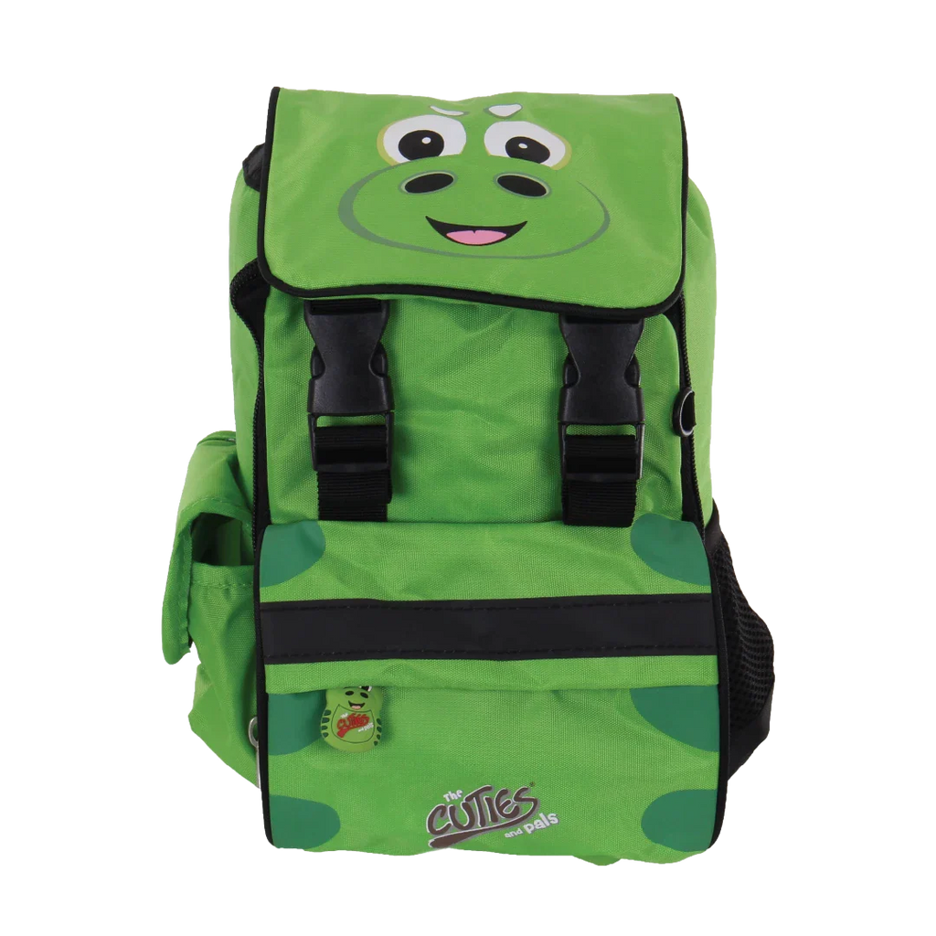 Green backpack with a cartoon face design on a white background