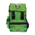 Green backpack with a cartoon face design on a white background