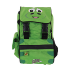 Green backpack with a cartoon face design on a white background