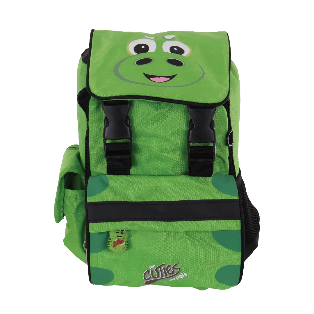 Green backpack with a cartoon face design on a white background
