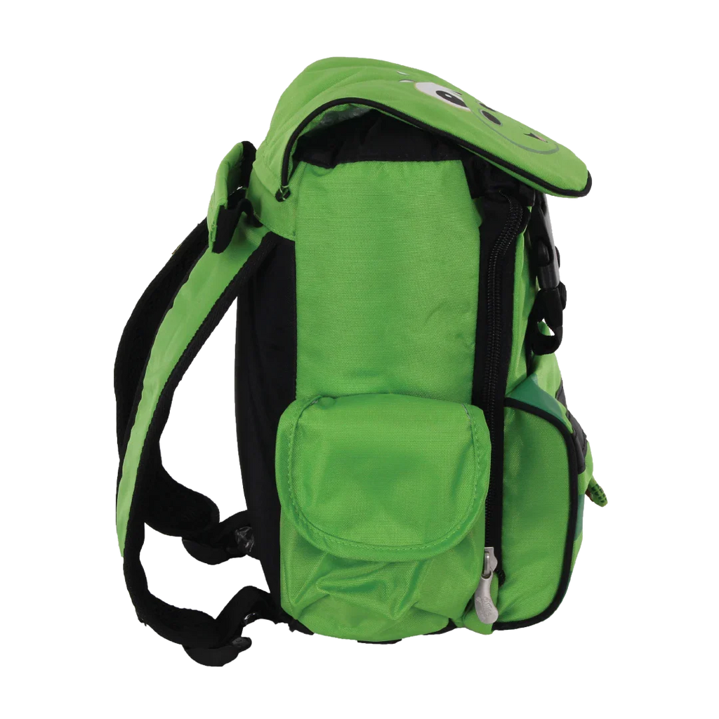 Green backpack with black straps on a white background
