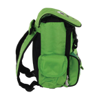 Green backpack with black straps on a white background