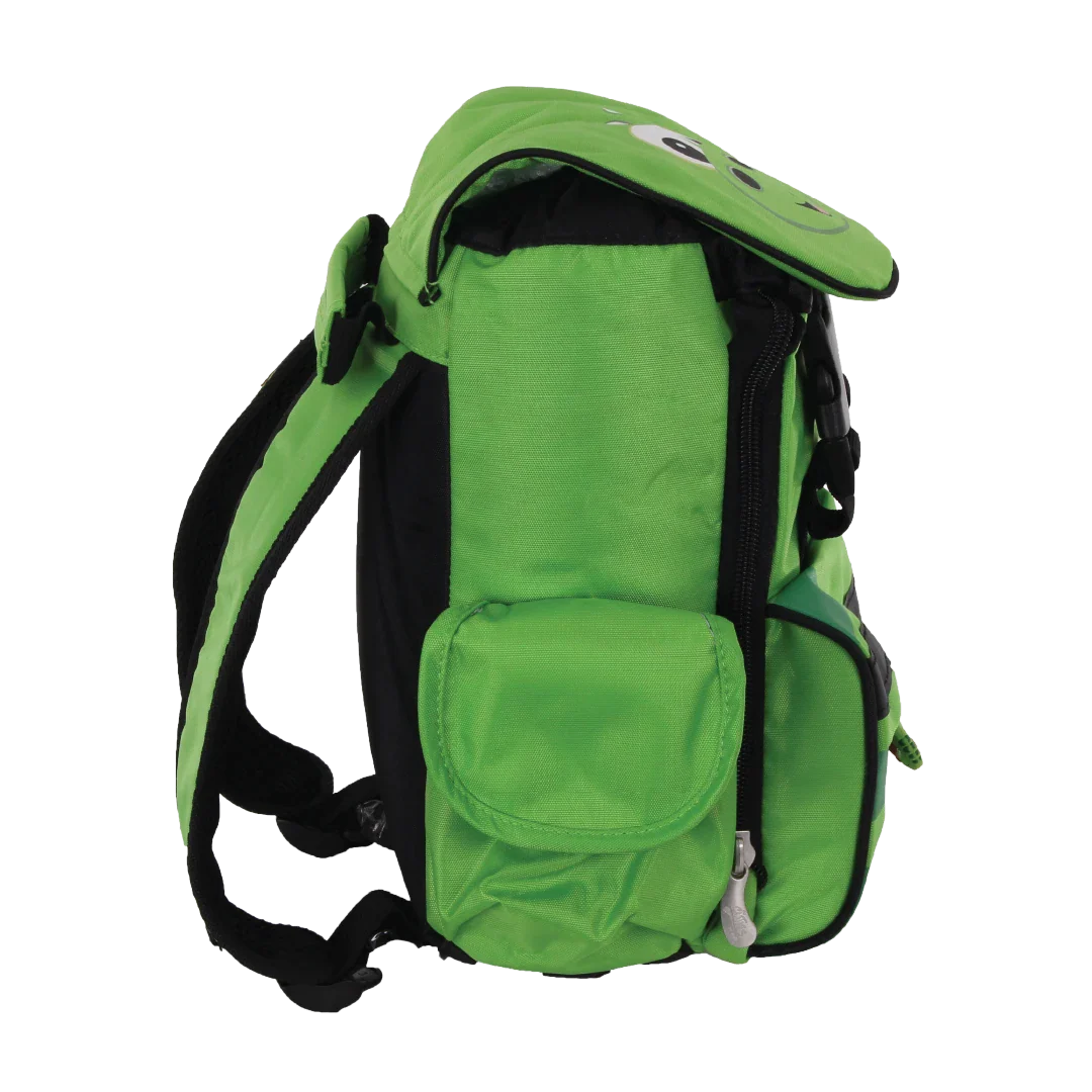 Green backpack with black straps on a white background