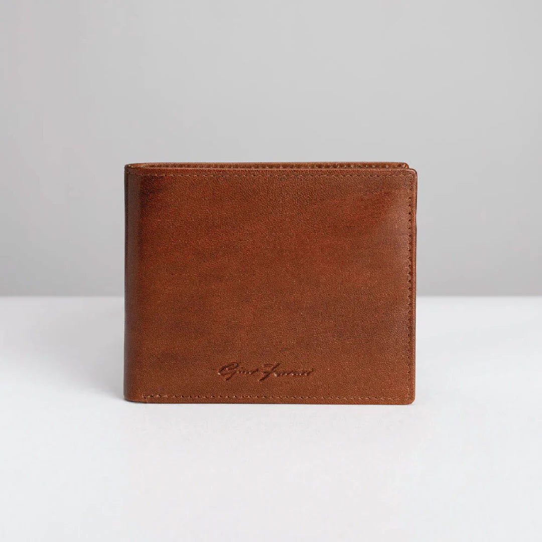 Brown leather wallet with brand logo on a white background
