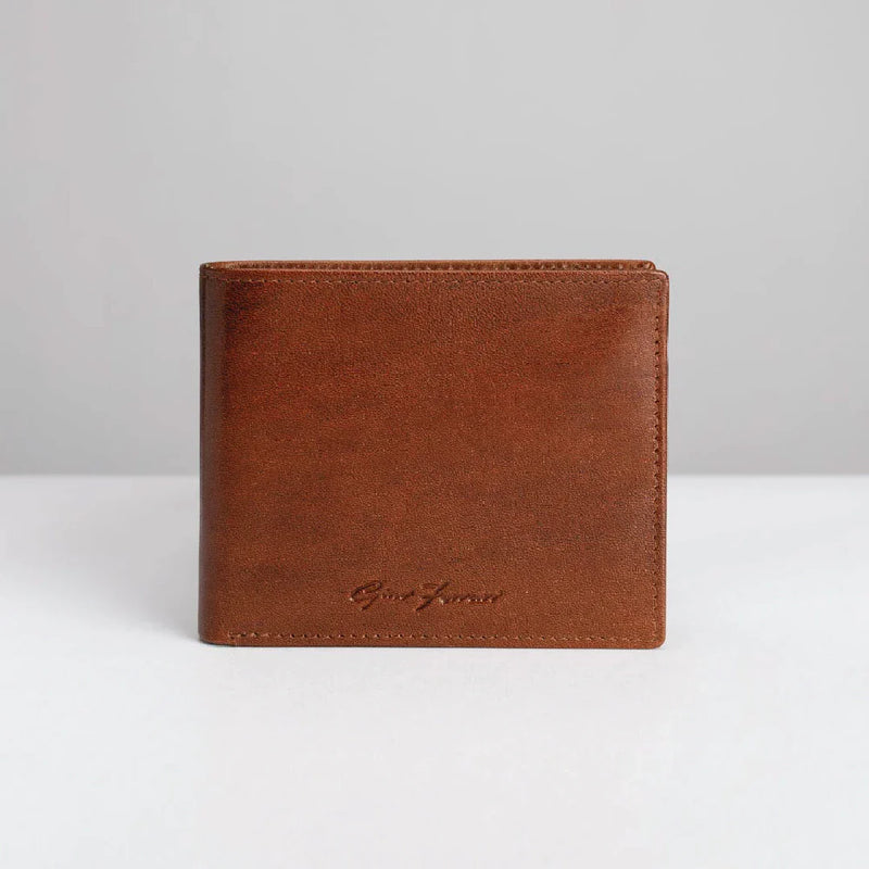 Brown leather wallet with brand logo on a white background